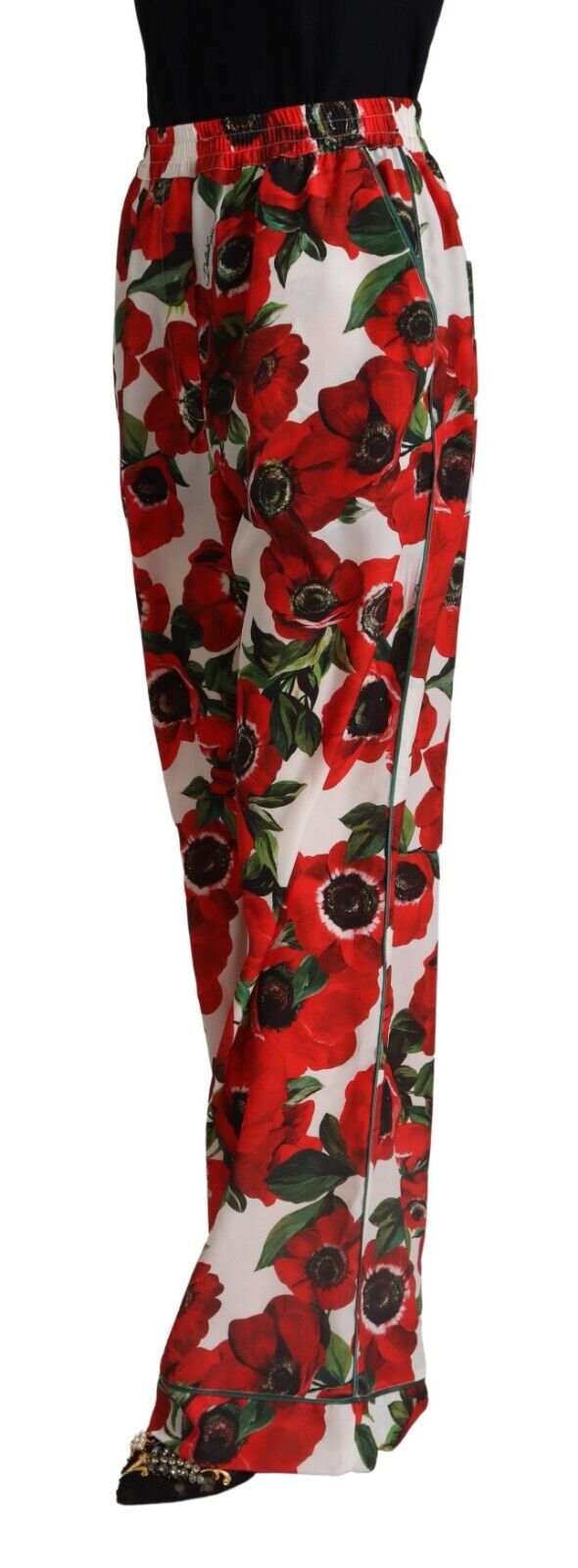 Dolce & Gabbana White Red Anemone Mid Waist Wide Leg Pants