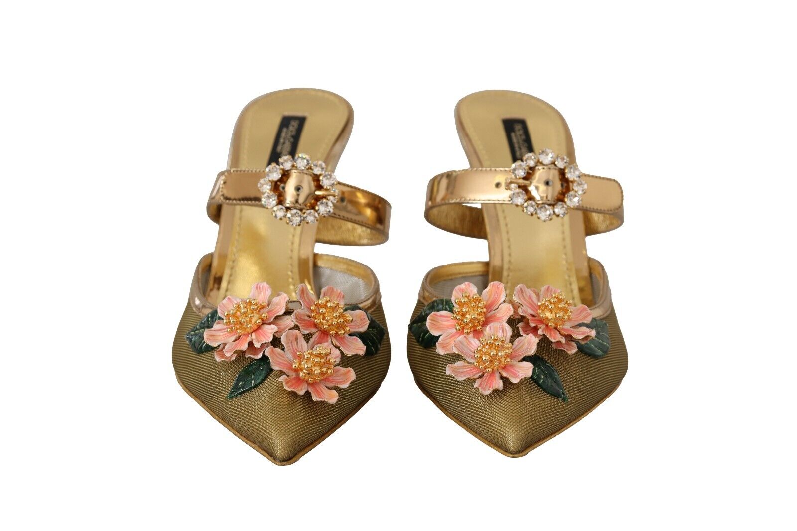 Dolce & Gabbana Gold Crystal Floral Decor Heels Sandals Shoes