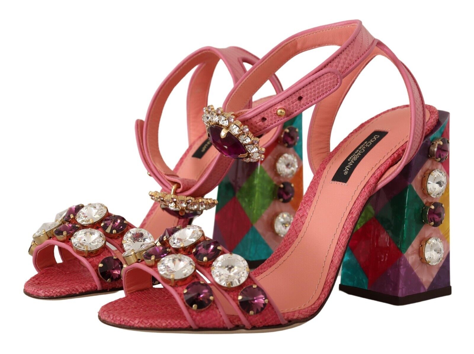 Dolce & Gabbana Pink Leather Crystal Block Heels Sandals Shoes