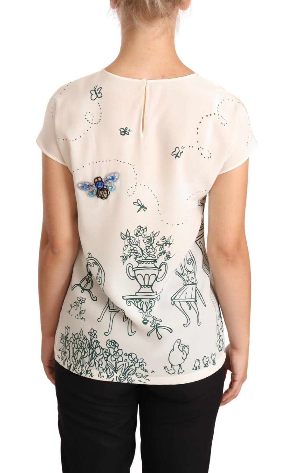 Dolce & Gabbana White Silk Garden Fountain T-Shirt Blouse