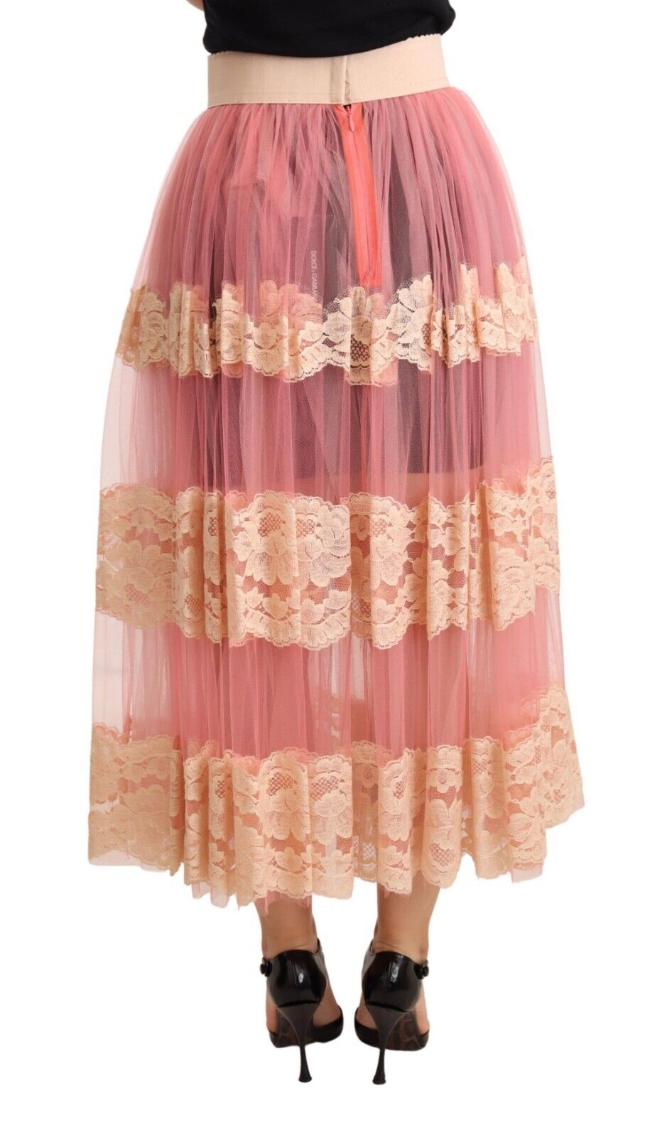 Dolce & Gabbana Pink Lace Nylon Mesh A-line Sheer Midi Skirt