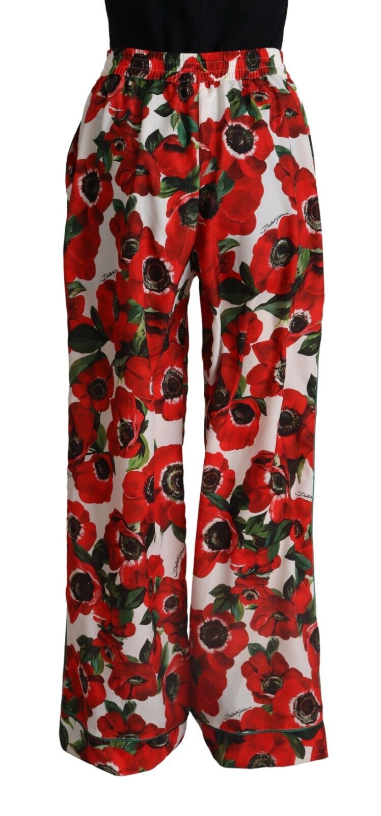 Dolce & Gabbana White Red Anemone Mid Waist Wide Leg Pants