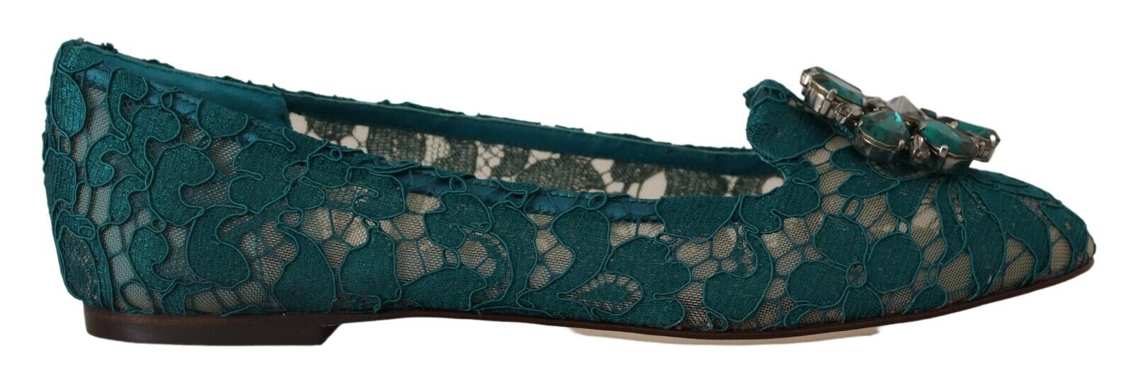 Dolce & Gabbana Green Lace Crystal Flats Loafers Shoes