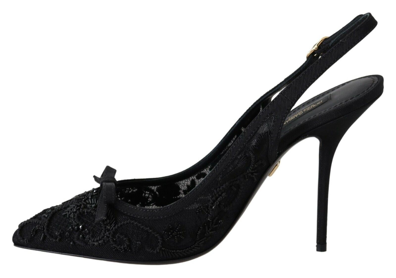 Dolce & Gabbana Black Tulle Ricamo Heels Slingback Shoes