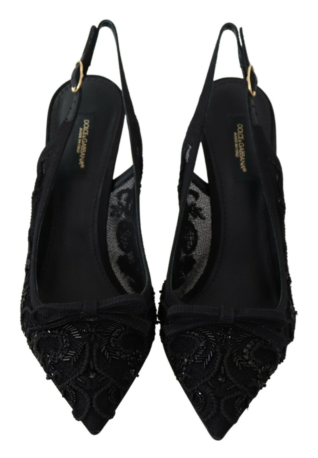 Dolce & Gabbana Black Tulle Ricamo Heels Slingback Shoes