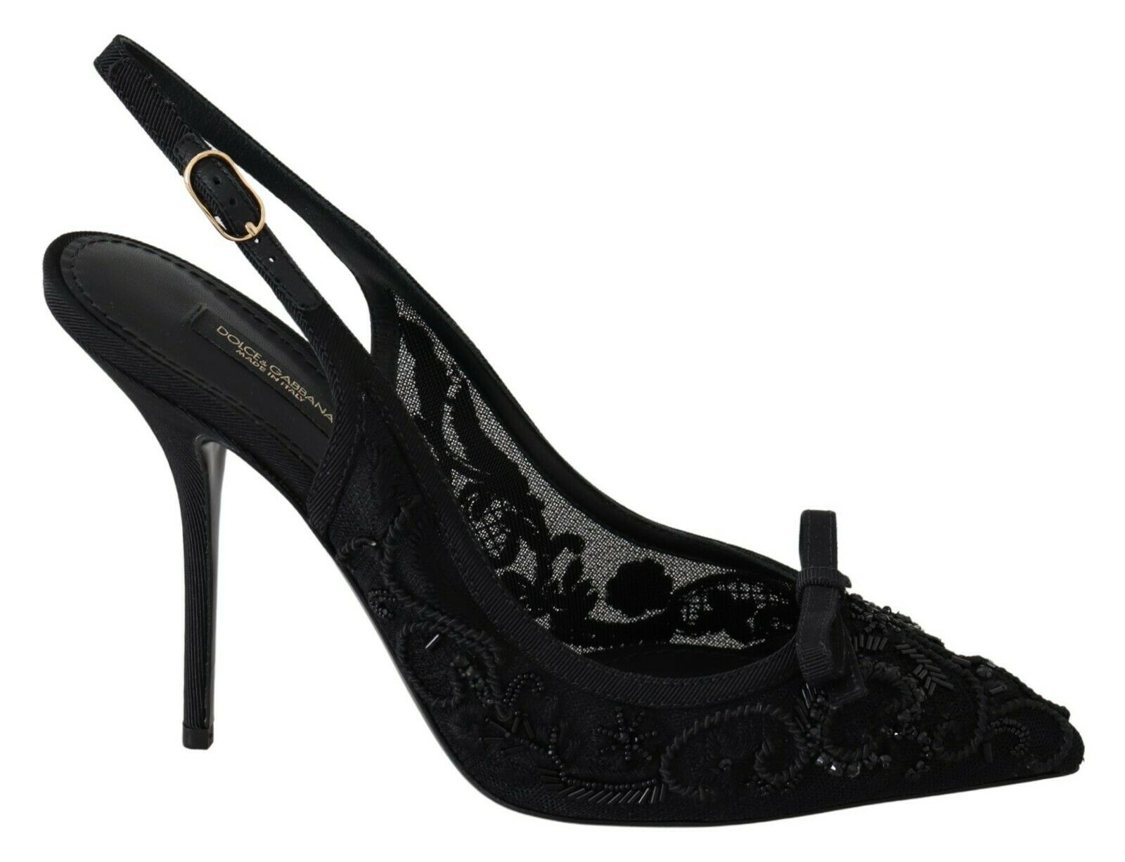 Dolce & Gabbana Black Tulle Ricamo Heels Slingback Shoes