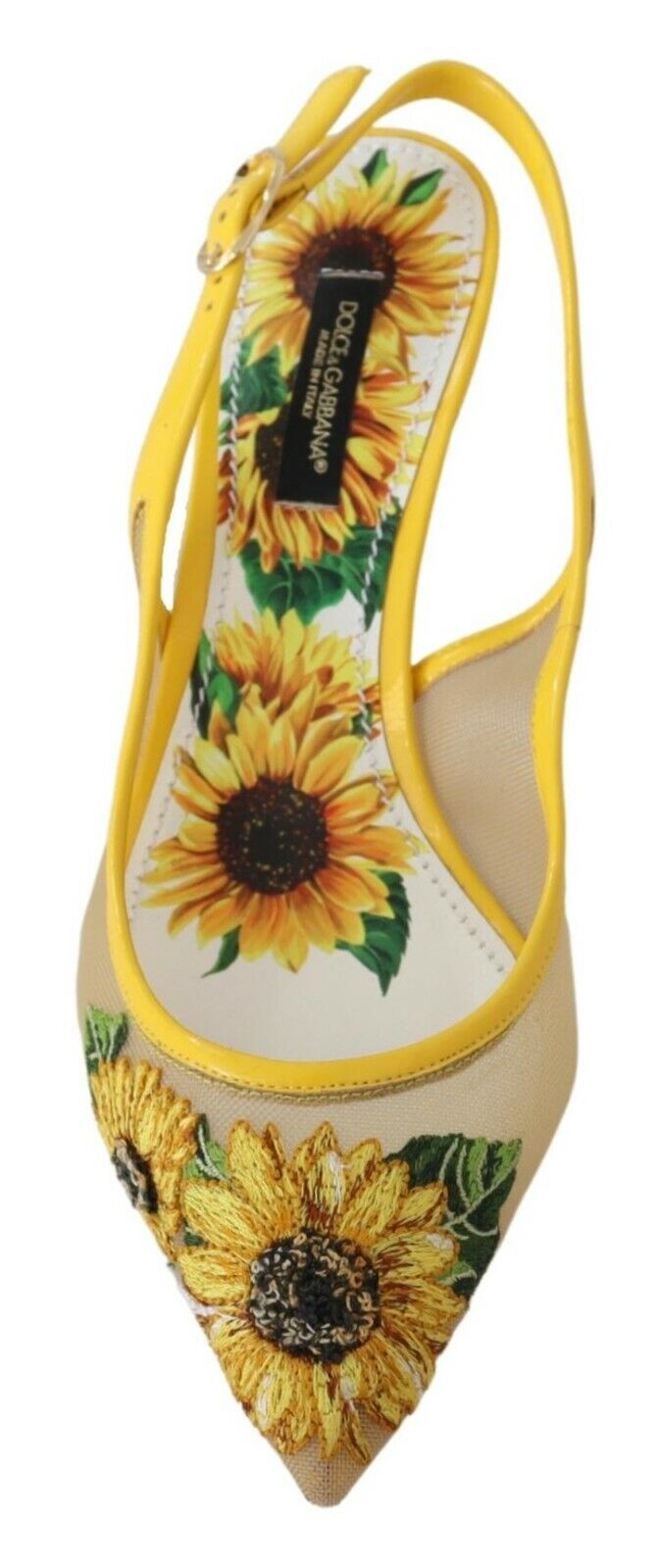 Dolce & Gabbana Yellow Sunflower Mesh Heels Slingback Shoes