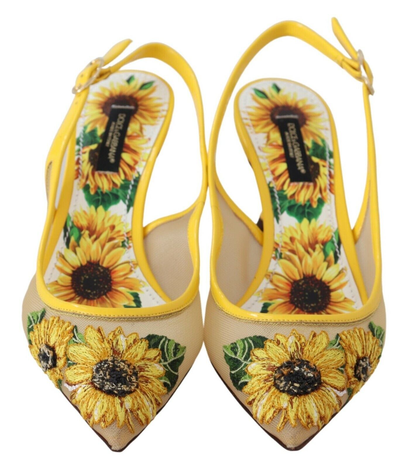 Dolce & Gabbana Yellow Sunflower Mesh Heels Slingback Shoes