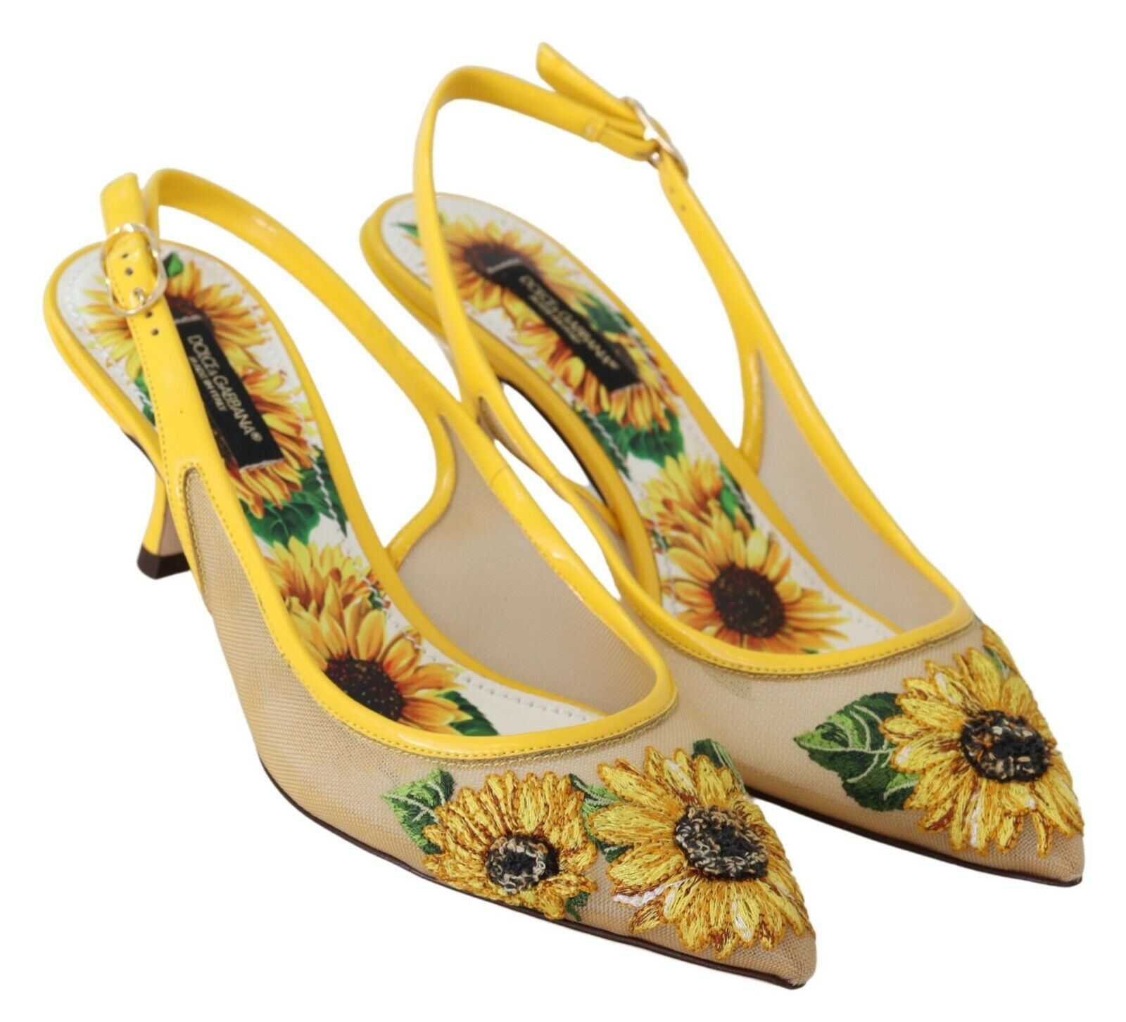 Dolce & Gabbana Yellow Sunflower Mesh Heels Slingback Shoes