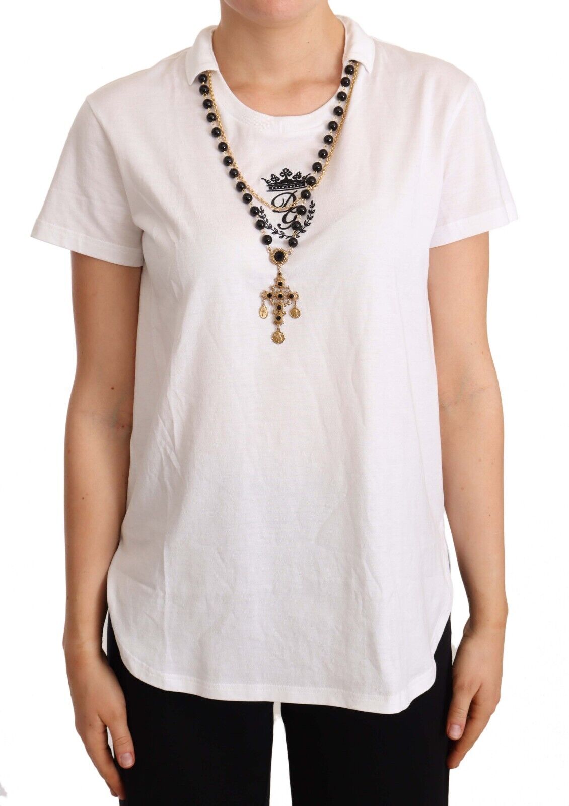 Dolce & Gabbana White Cotton Gold Cross Necklace  T-shirt