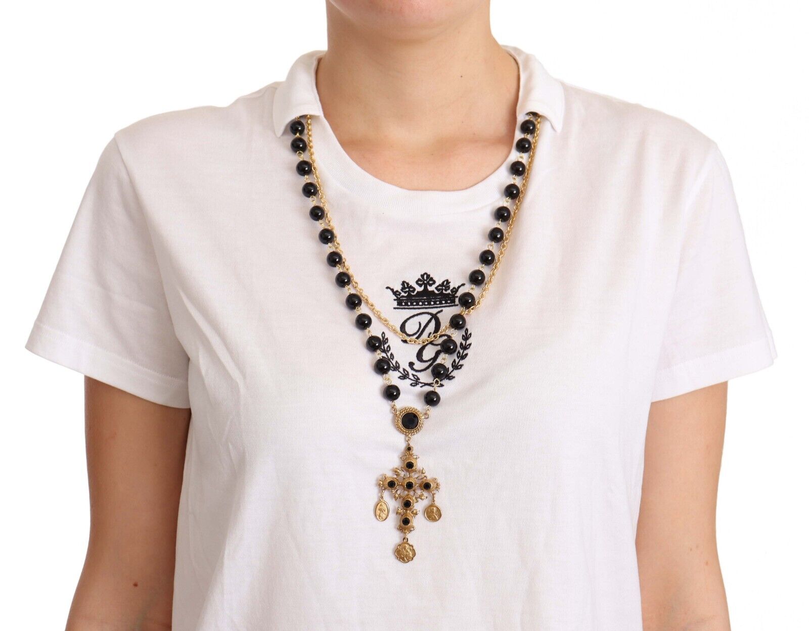 Dolce & Gabbana White Cotton Gold Cross Necklace  T-shirt