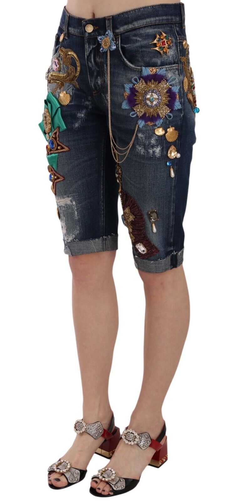 Dolce & Gabbana Blue Denim Mid Waist Crystal Capri Shorts