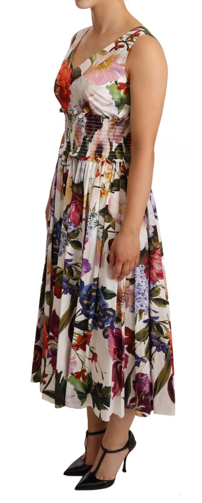 Dolce & Gabbana White Floral Print Cotton Poplin Midi Dress