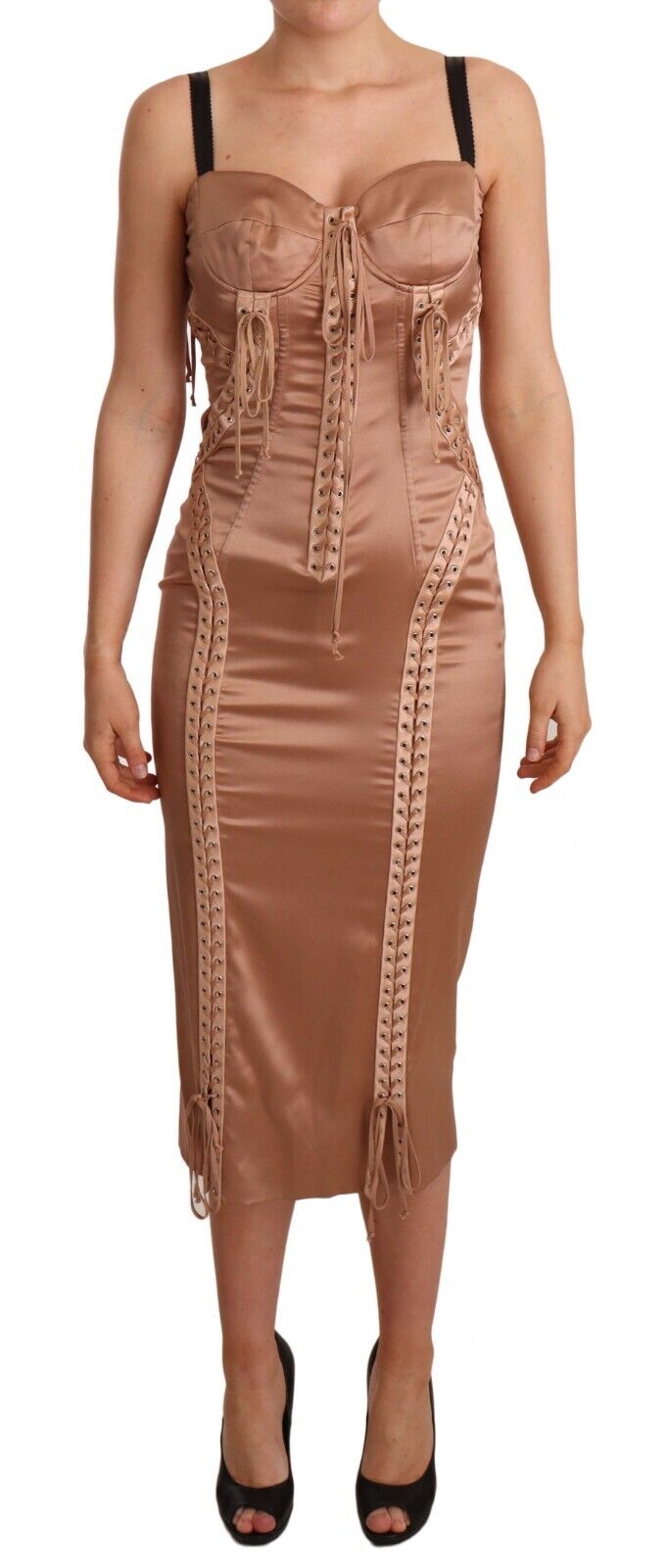 Dolce & Gabbana Nude Silk Bustier Corset Lace Up Bodycon Dress