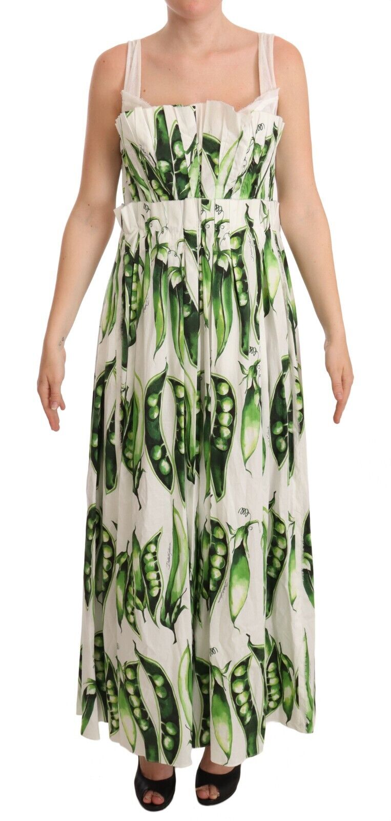 Dolce & Gabbana White Cotton Stretch Pea Pods Maxi Dress