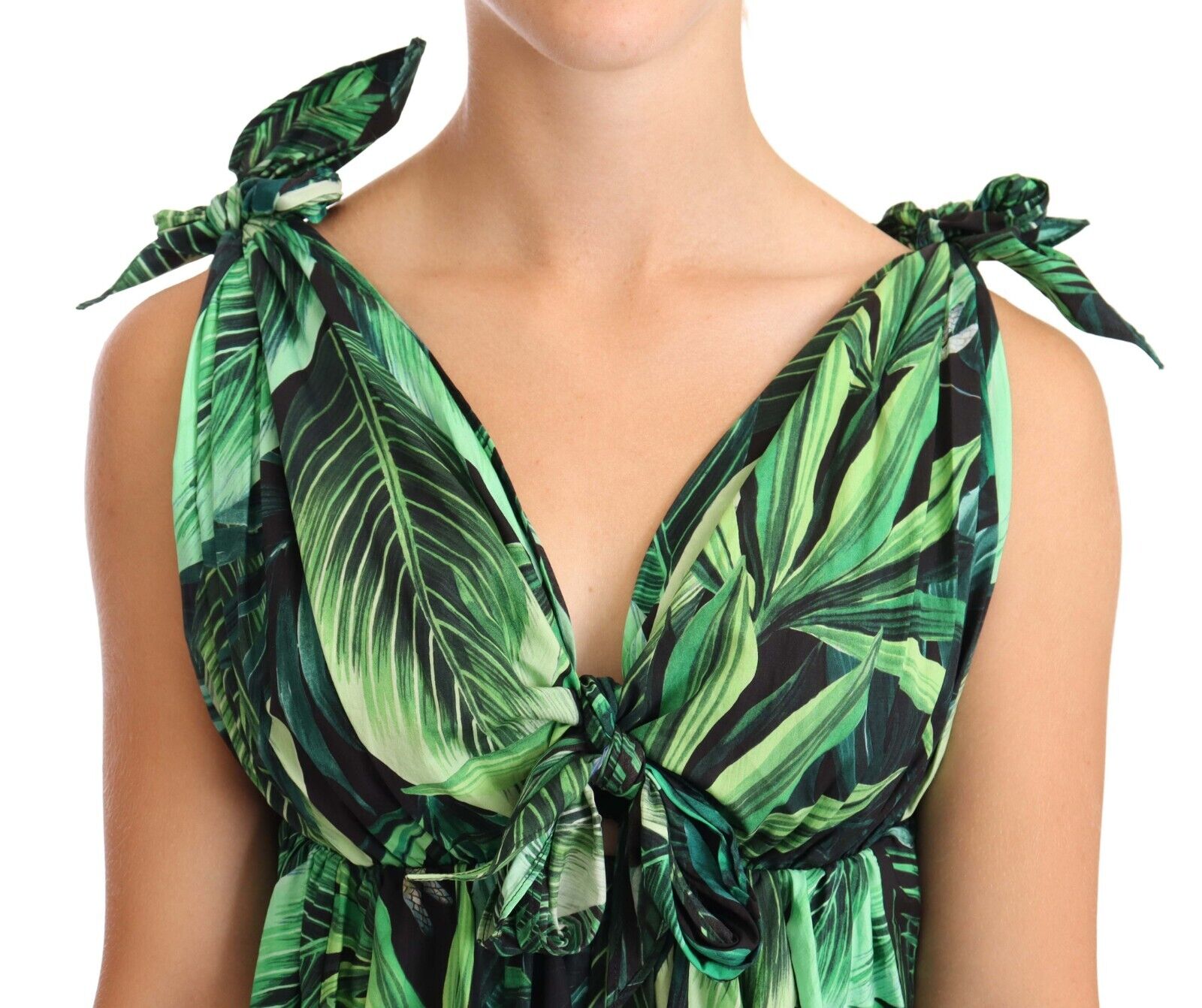 Dolce & Gabbana Green Leaves Print Cotton Flared Mini Dress