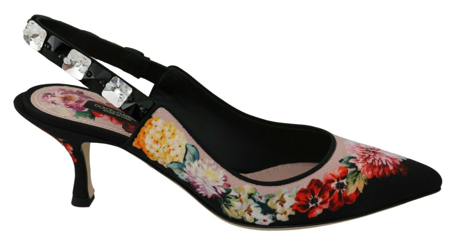 Dolce & Gabbana Black Floral Crystal Heels Slingbacks Shoes