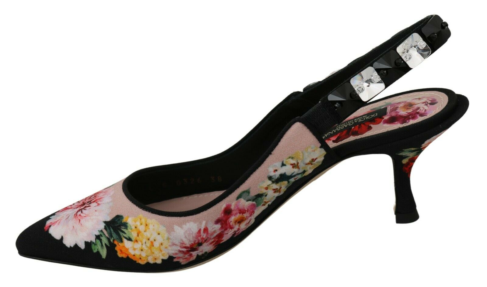 Dolce & Gabbana Black Floral Crystal Heels Slingbacks Shoes