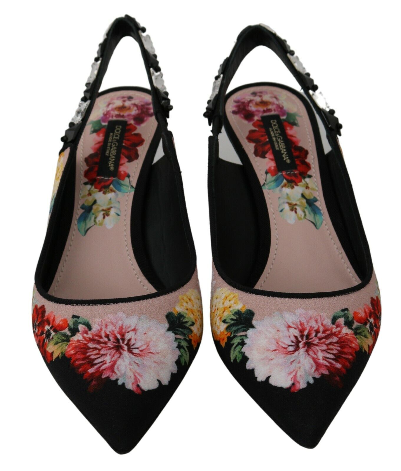 Dolce & Gabbana Black Floral Crystal Heels Slingbacks Shoes