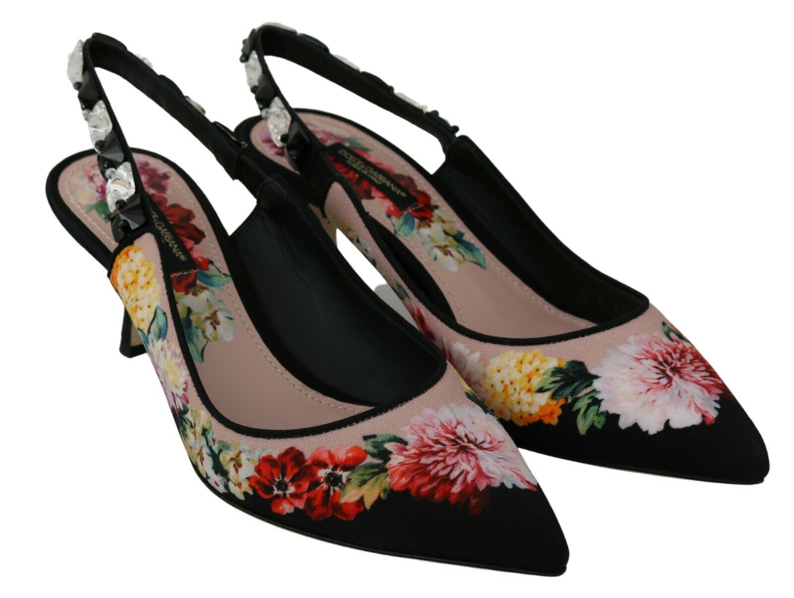 Dolce & Gabbana Black Floral Crystal Heels Slingbacks Shoes