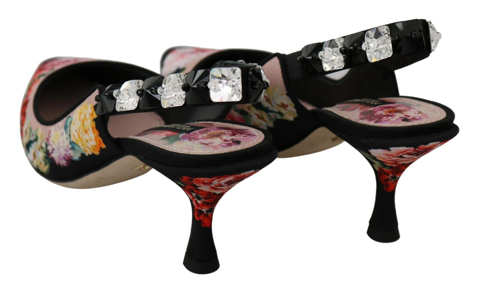 Dolce & Gabbana Black Floral Crystal Heels Slingbacks Shoes