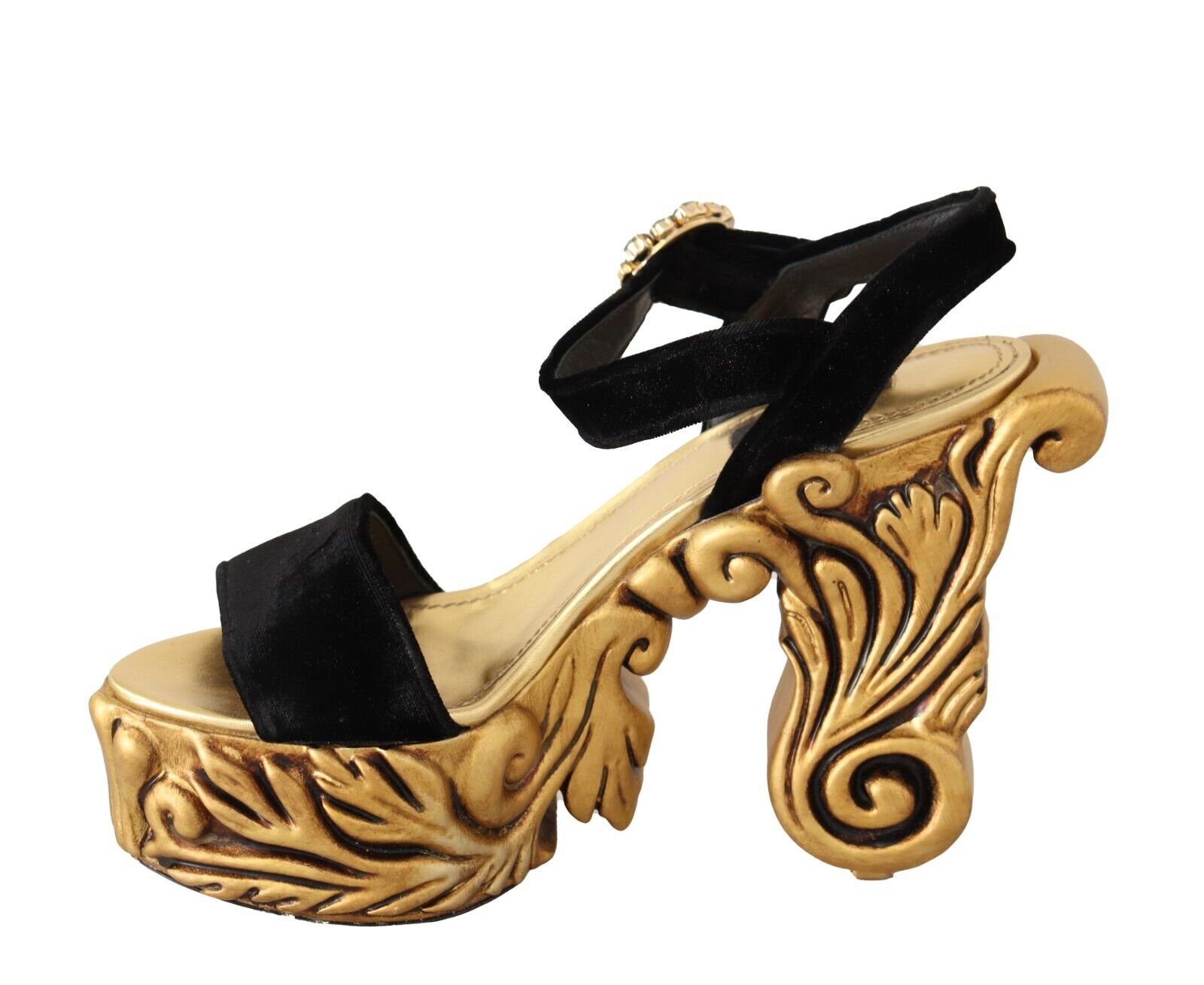 Dolce & Gabbana Black Gold Baroque Velvet Heels Crystal Shoes