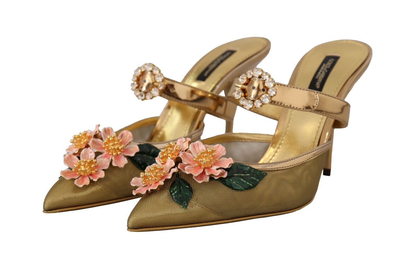 Dolce & Gabbana Gold Crystal Floral Decor Heels Sandals Shoes