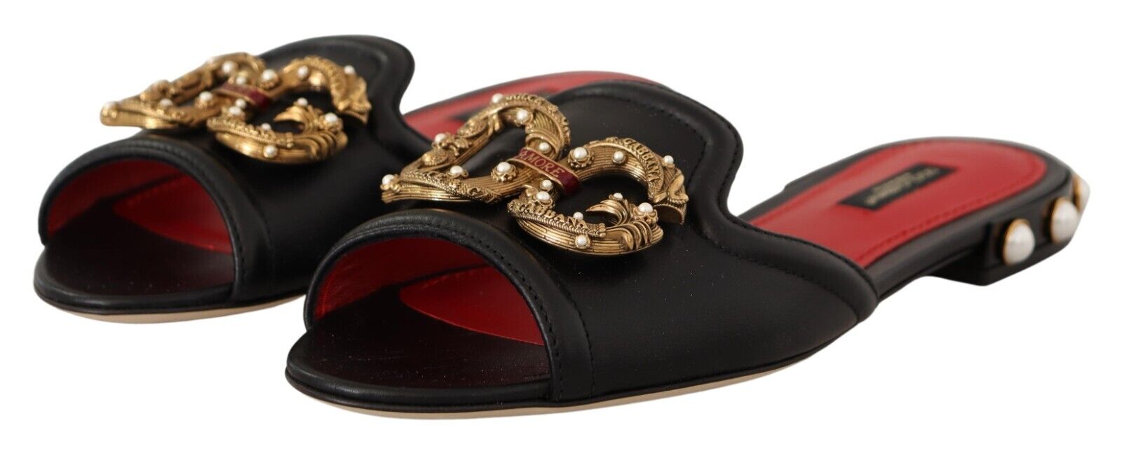 Dolce & Gabbana Black Leather Amore Embellished Slides Flats Shoes