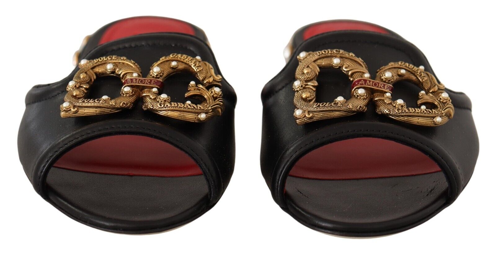 Dolce & Gabbana Black Leather Amore Embellished Slides Flats Shoes