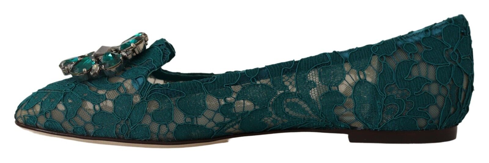 Dolce & Gabbana Green Lace Crystal Flats Loafers Shoes