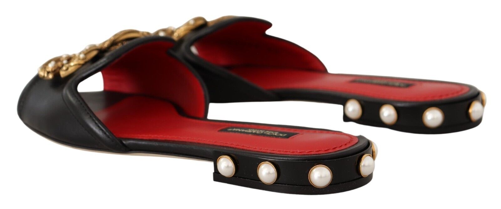 Dolce & Gabbana Black Leather Amore Embellished Slides Flats Shoes