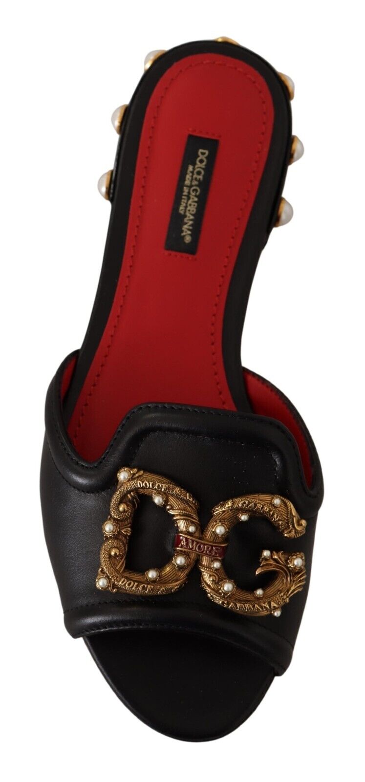 Dolce & Gabbana Black Leather Amore Embellished Slides Flats Shoes