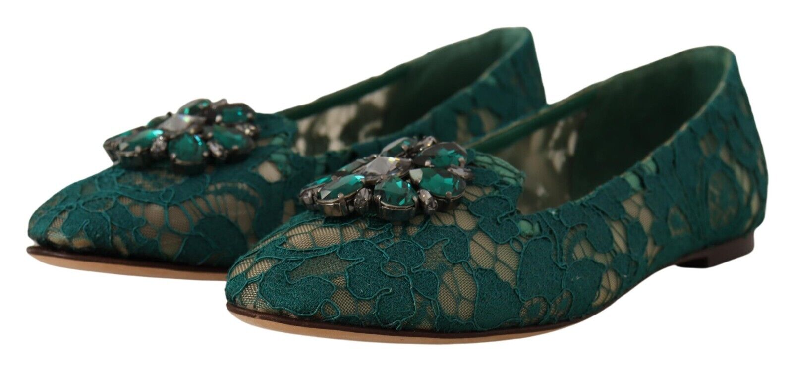 Dolce & Gabbana Green Lace Crystal Ballet Flats Loafers Shoes