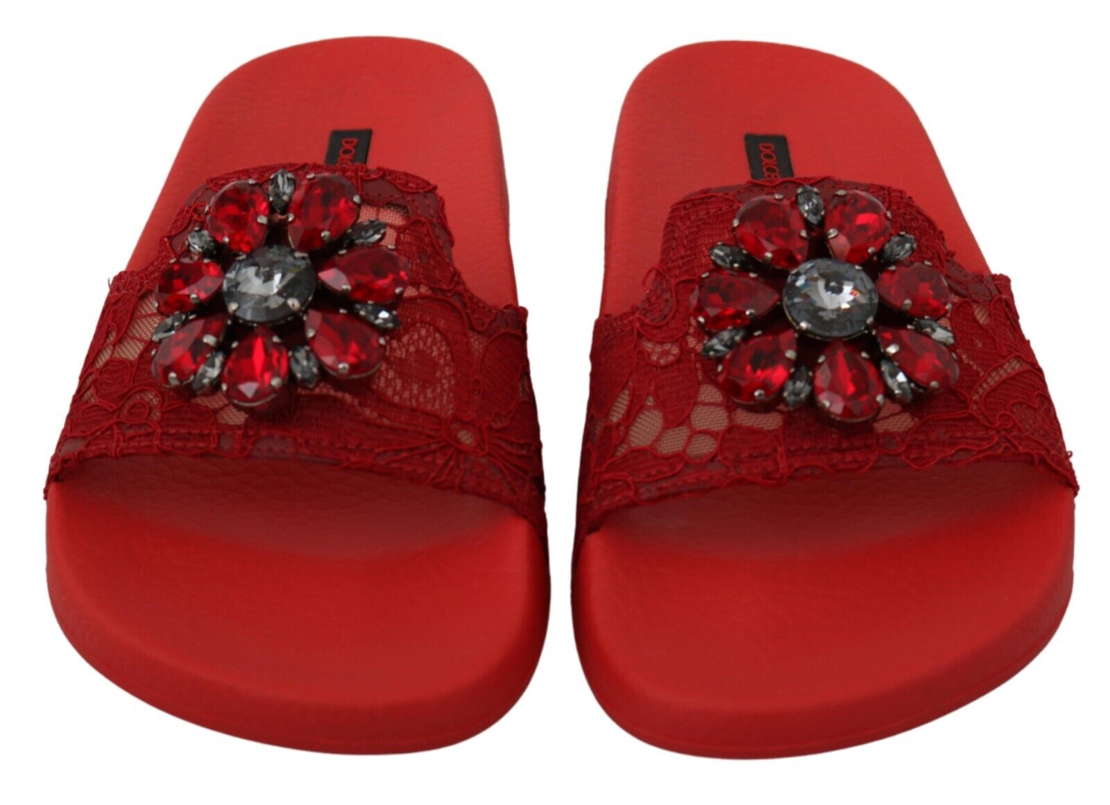 Dolce & Gabbana Red Lace Crystal Sandals Slides Beach Shoes