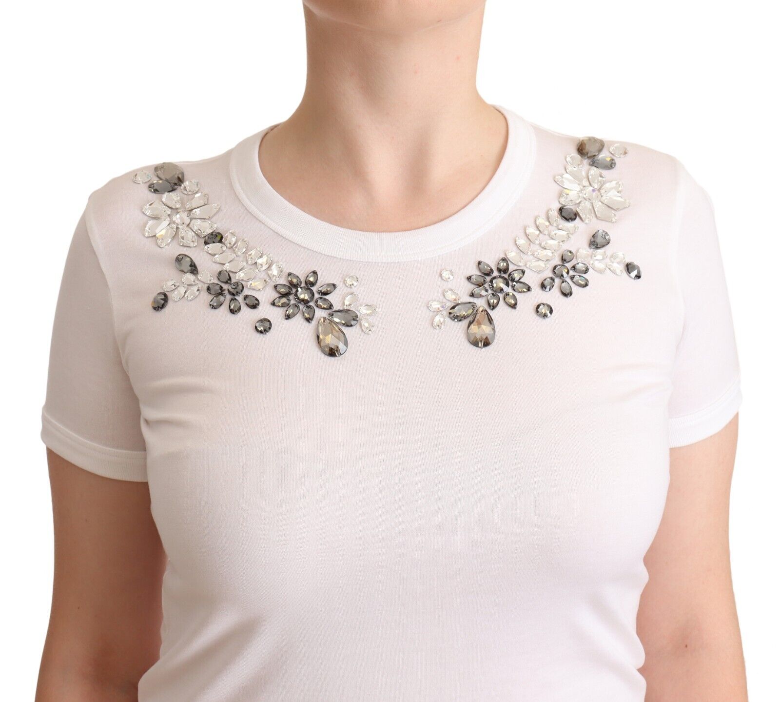 Dolce & Gabbana White Cotton Crewneck Crystal Embellish T-Shirt