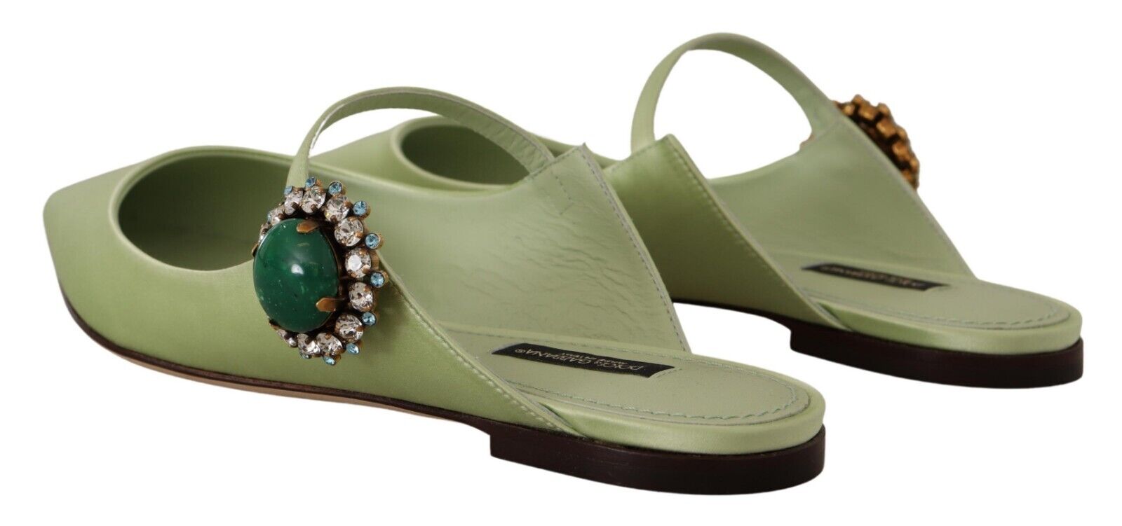 Dolce & Gabbana Green Leather Crystals Mule Slides Flats Shoes