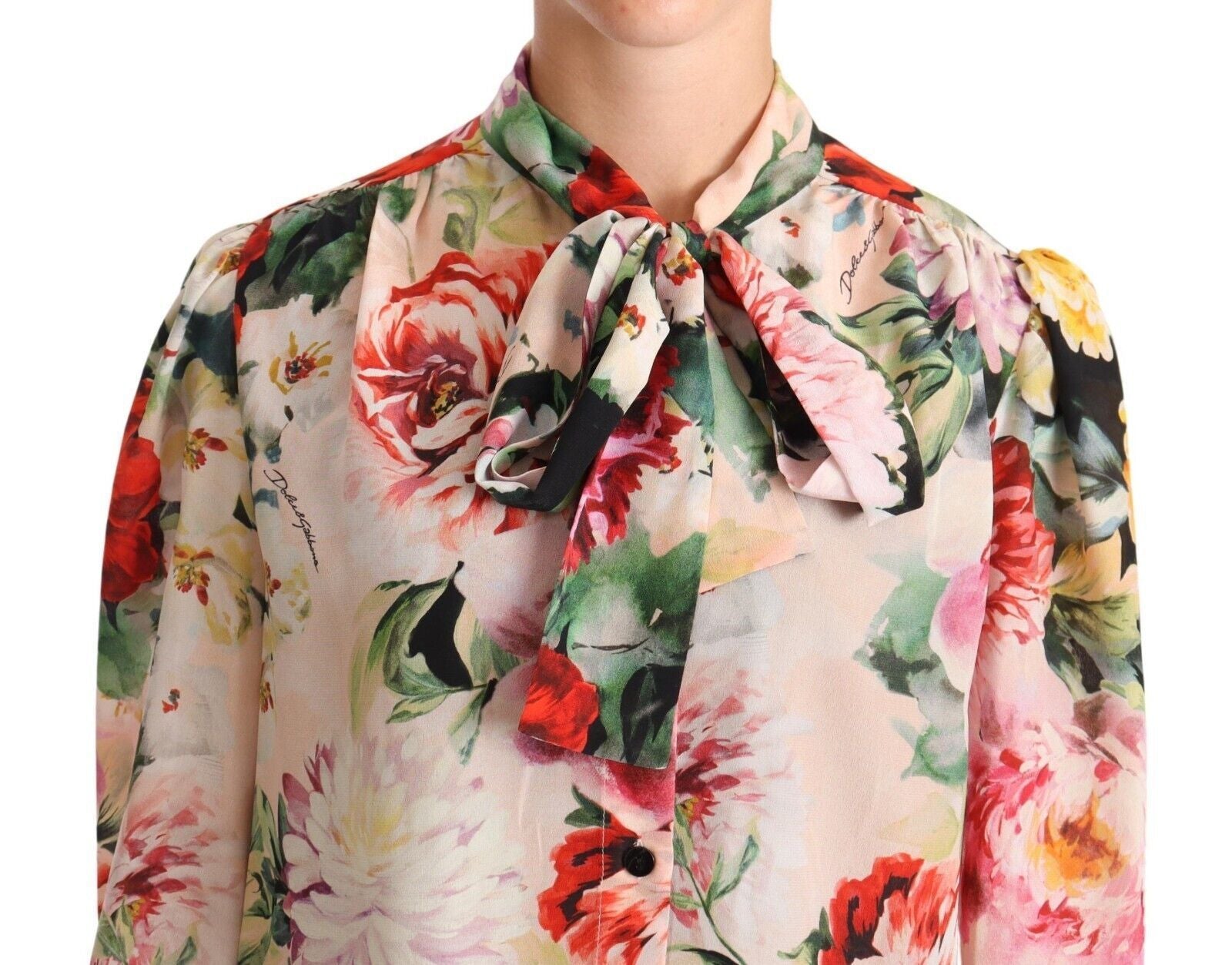 Dolce & Gabbana Multicolor Floral Print Ascot Collar Top Blouse