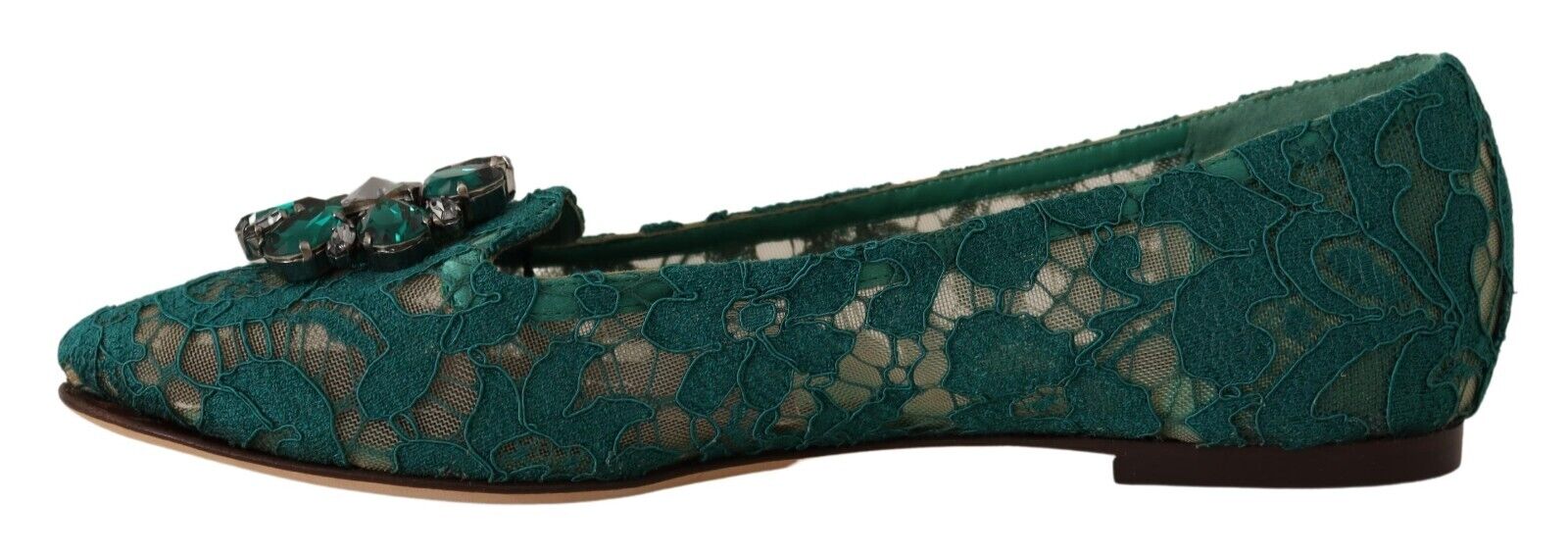 Dolce & Gabbana Green Lace Crystal Ballet Flats Loafers Shoes