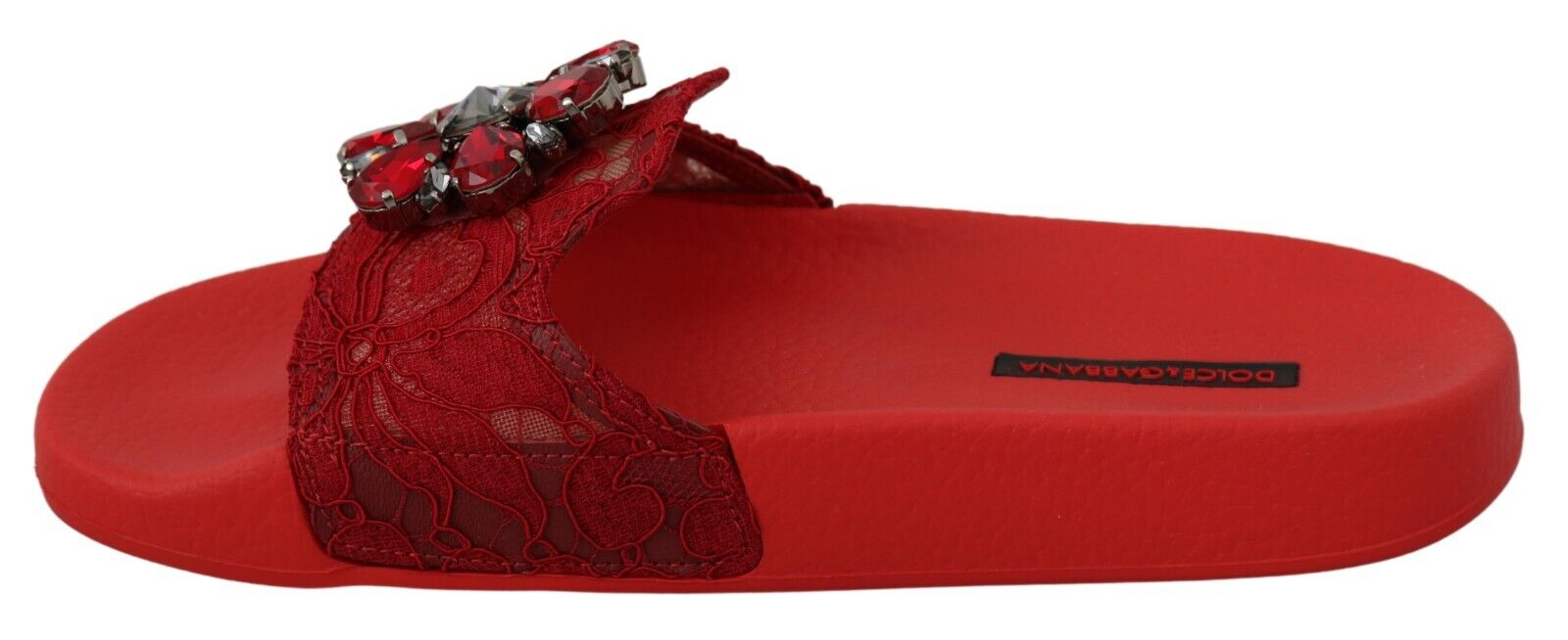 Dolce & Gabbana Red Lace Crystal Sandals Slides Beach Shoes