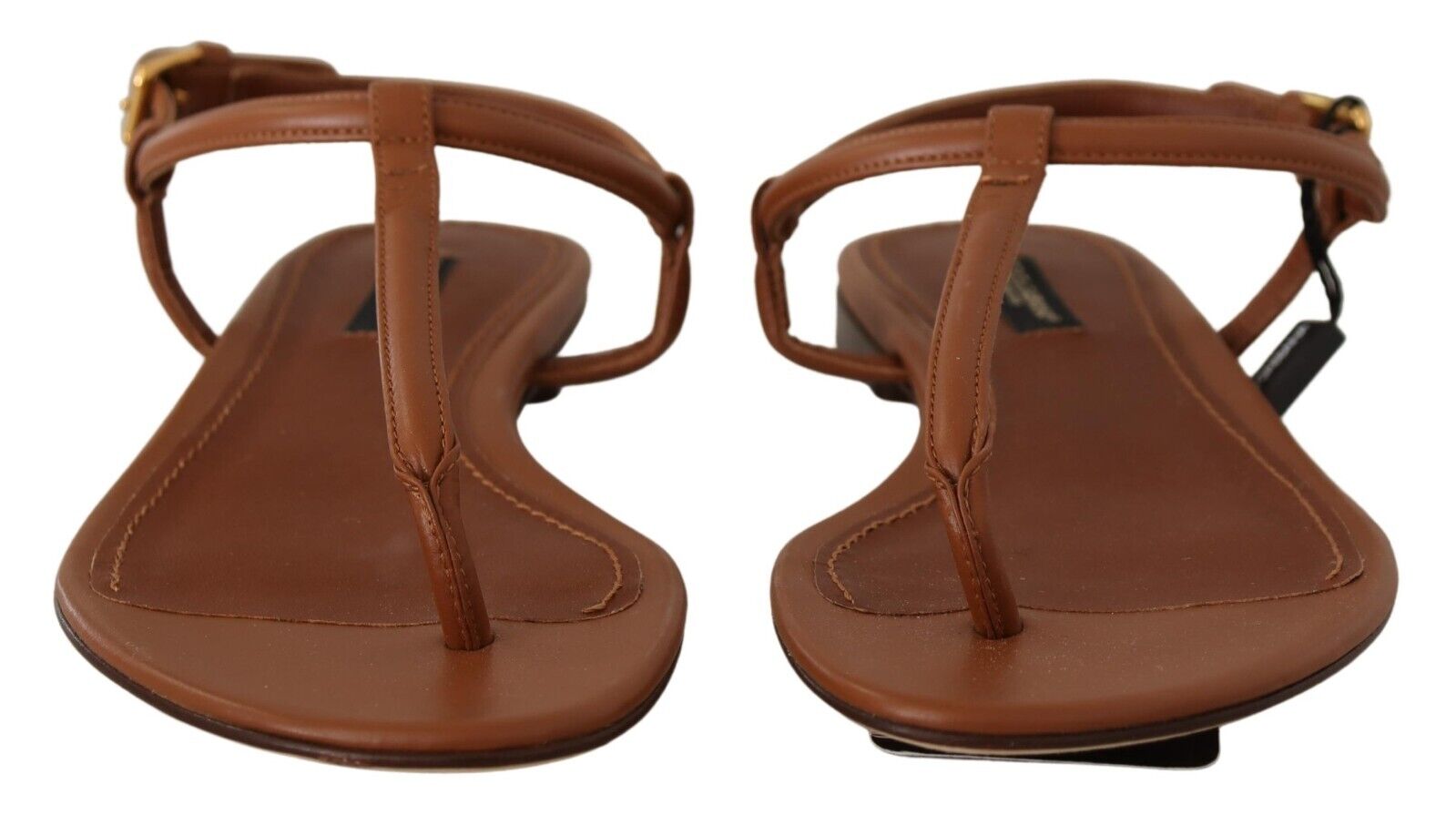 Dolce & Gabbana Brown Leather T-strap Slides Flats Sandals Shoes