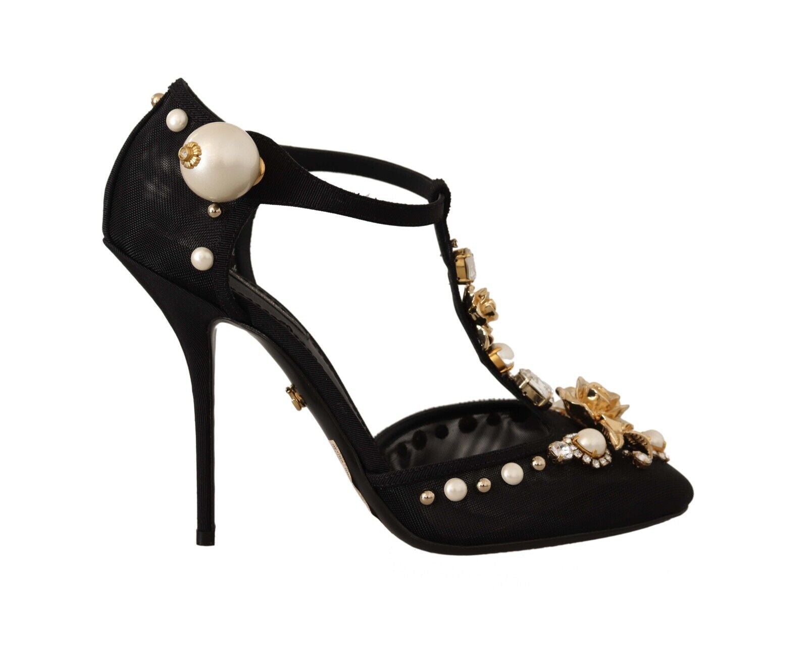 Dolce & Gabbana Black Faux Pearl Crystal Vally Heels Sandals Shoes