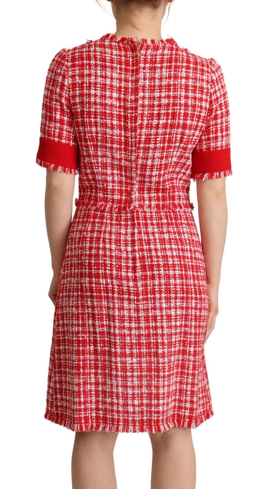 Dolce & Gabbana Red Checkered Cotton Embellished Sheath Dress