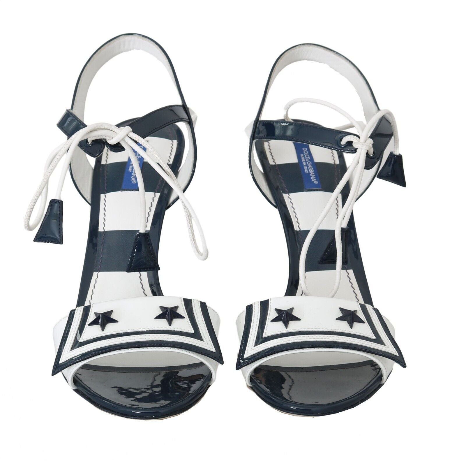 Dolce & Gabbana White Blue Stripes Leather Heels Sandals Shoes