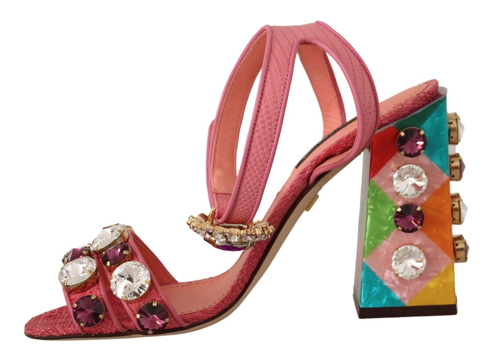 Dolce & Gabbana Pink Leather Crystal Block Heels Sandals Shoes