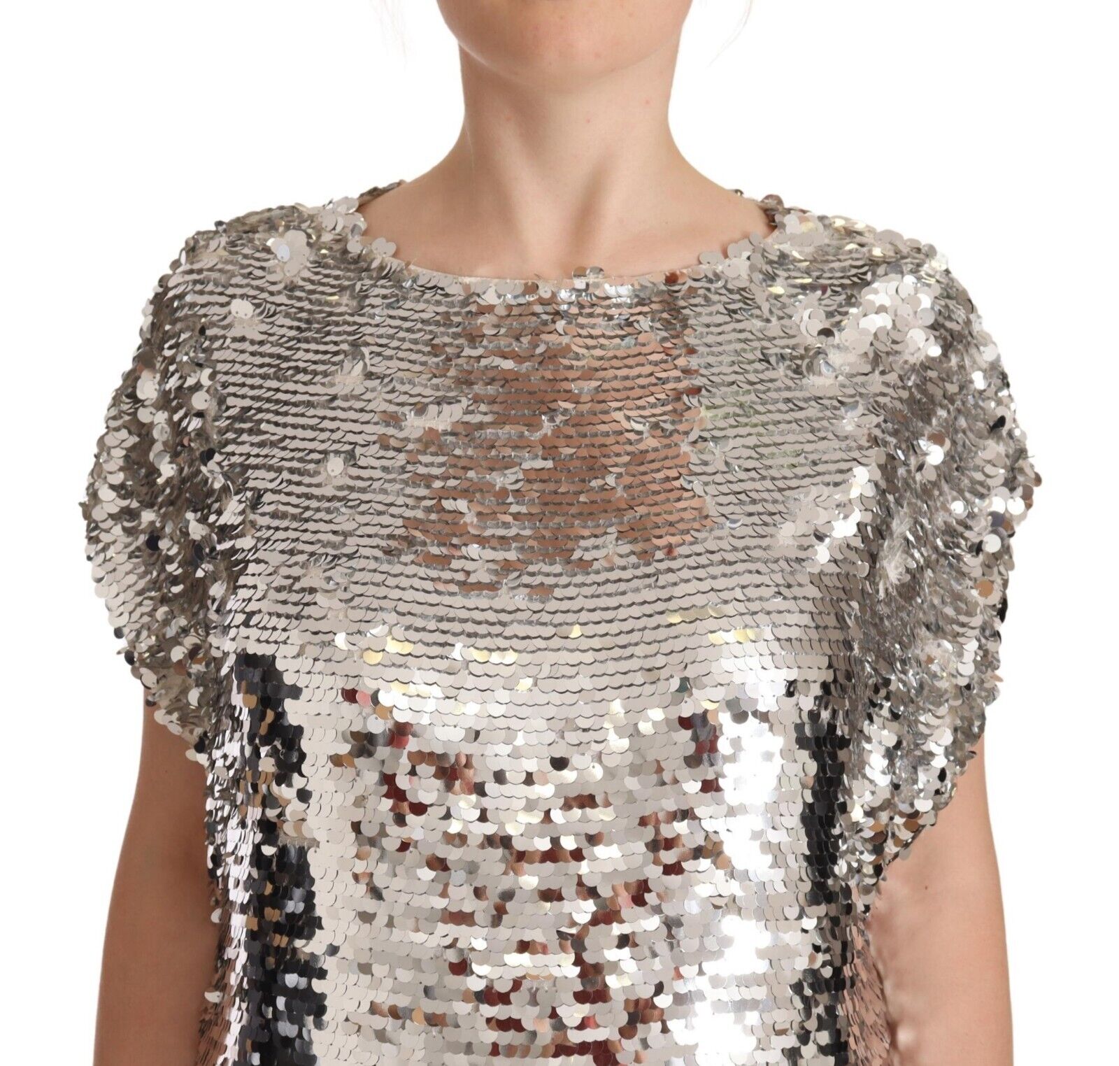 MSGM Silver Sequined Polyester Short Sleeves Shift Mini Dress