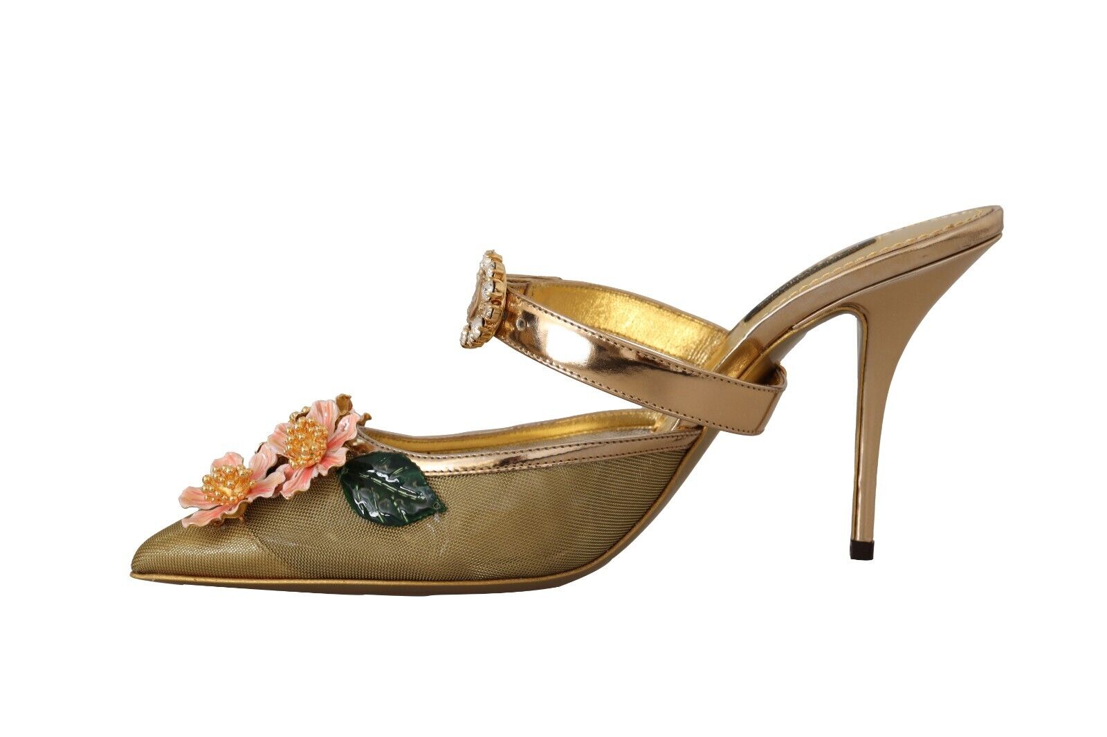 Dolce & Gabbana Gold Crystal Floral Decor Heels Sandals Shoes