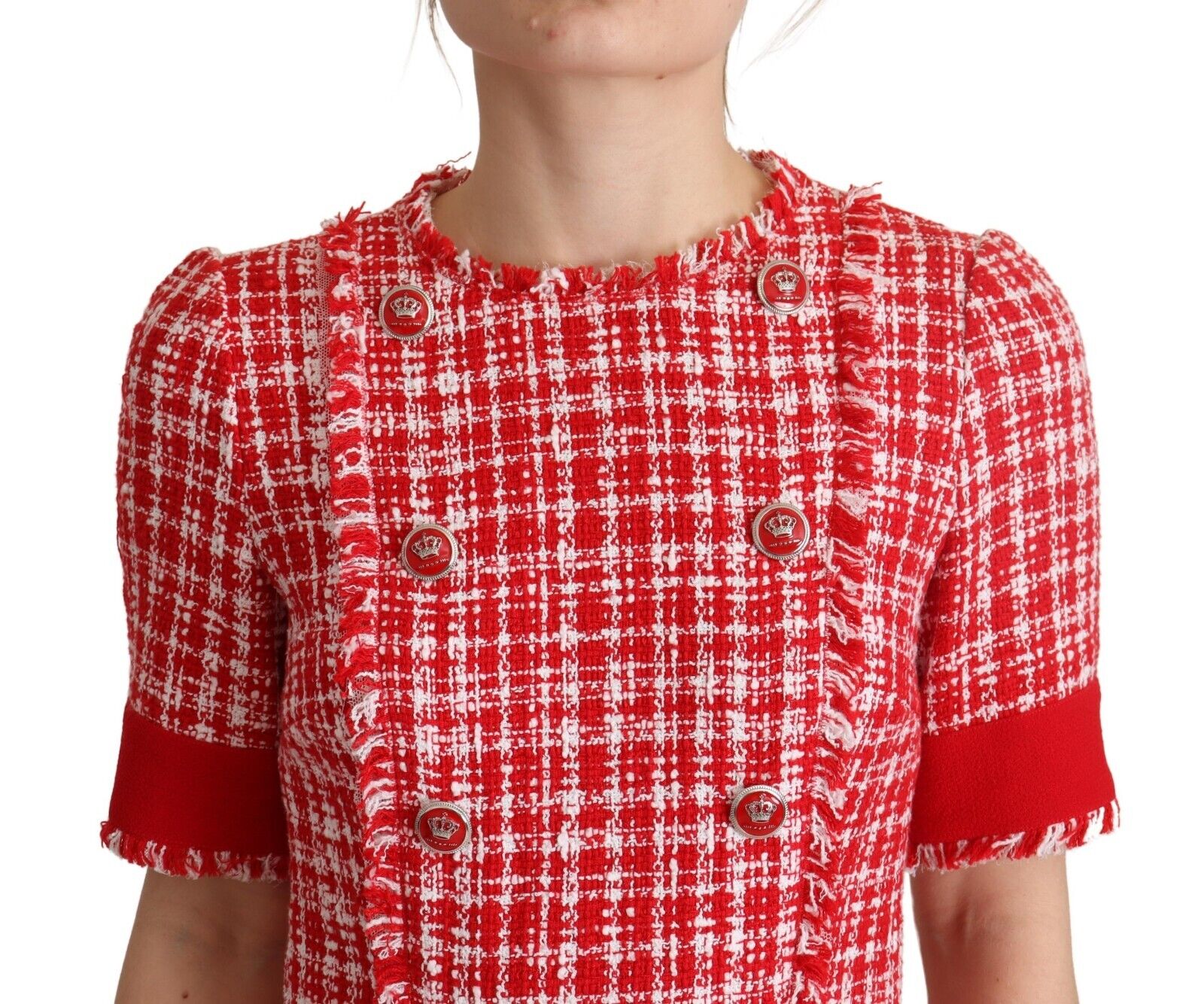 Dolce & Gabbana Red Checkered Cotton Embellished Sheath Dress