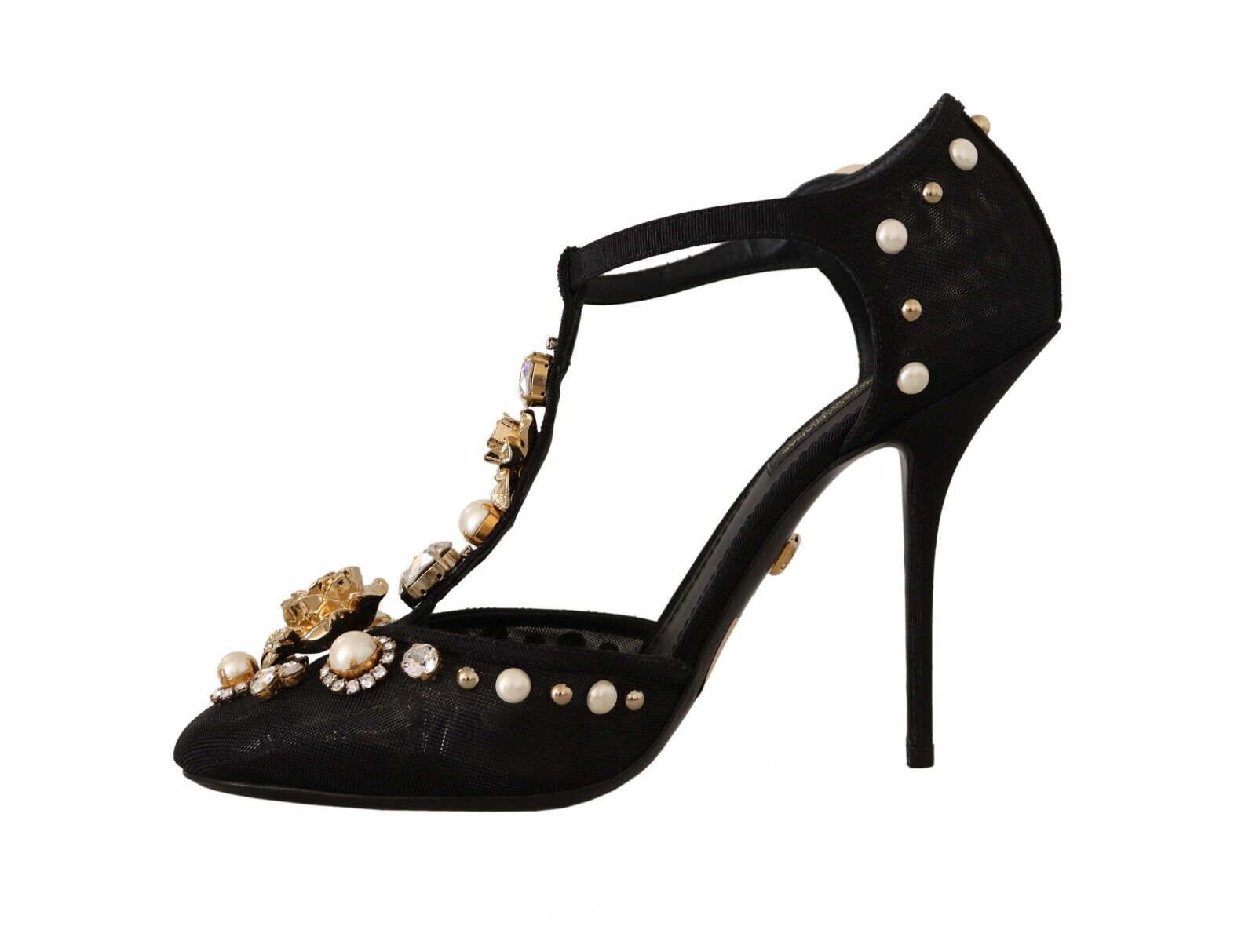 Dolce & Gabbana Black Faux Pearl Crystal Vally Heels Sandals Shoes