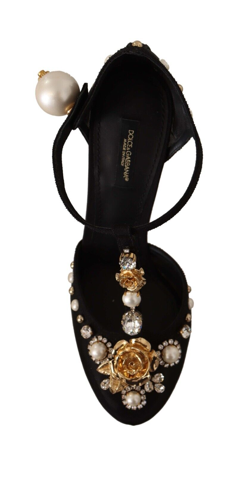 Dolce & Gabbana Black Faux Pearl Crystal Vally Heels Sandals Shoes