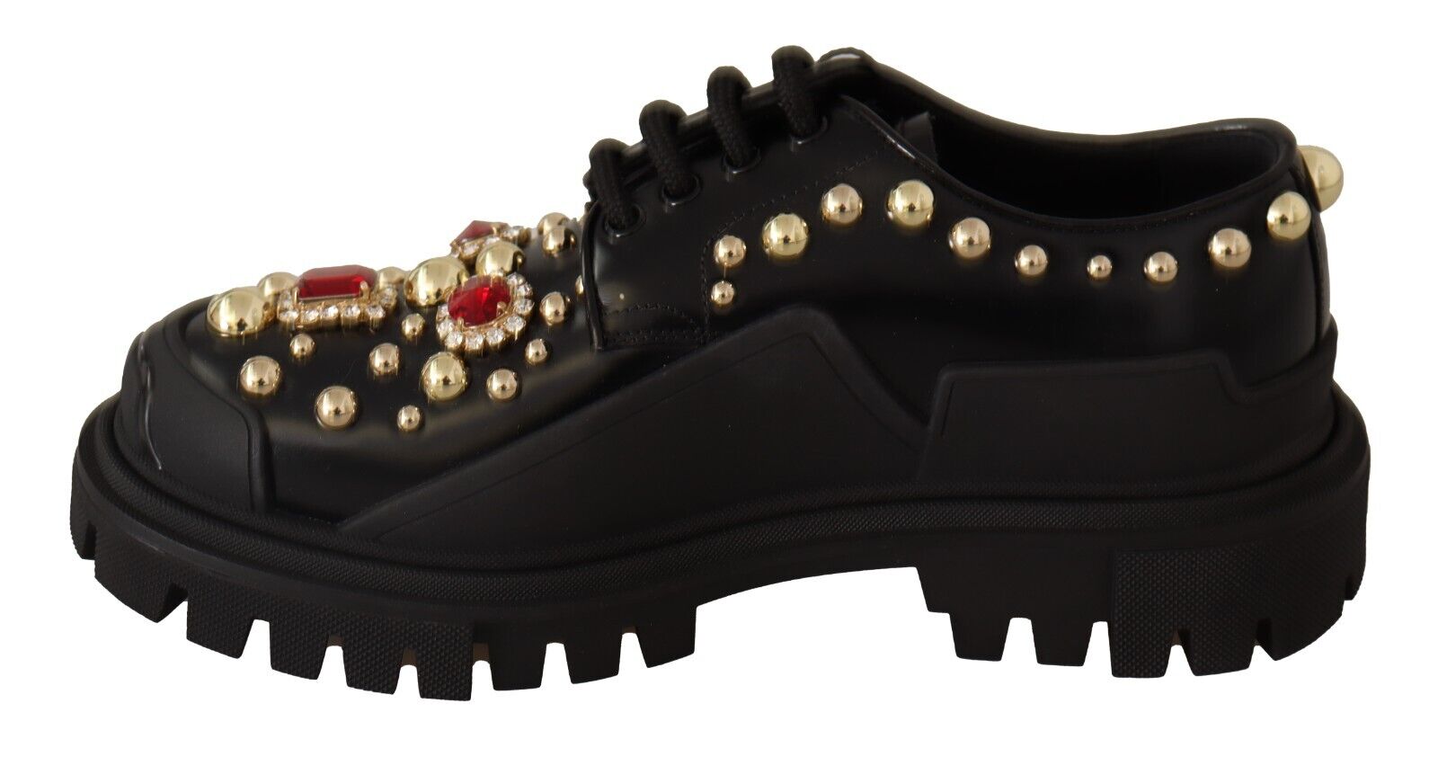 Dolce & Gabbana Black Leather Crystals Studs Formal Derby Shoes